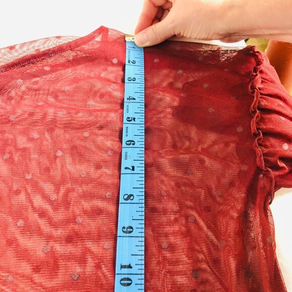 Express Small Petite Sheer Maroon Lacy Top Ruffled Bell 3/4 Sleeves Spotted - Picture 7 of 10